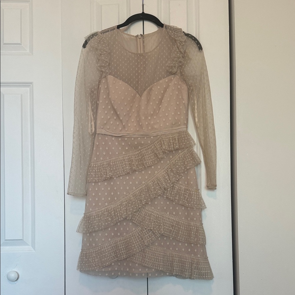 BCBGMaxAzria Beige Polka Dot Ruffle Dress